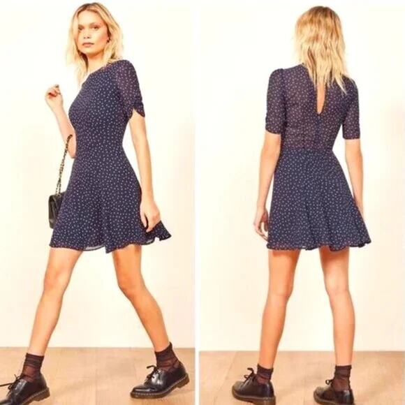 Reformation Gracie Navy Blue Polka Dot Mini Dress SIZE 4 EUC Retro Classic - Picture 14 of 14